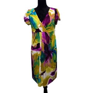 Tiana B Womens Abstract Floral V-Neck Sheath Dress Purple Yellow Green Size M B2